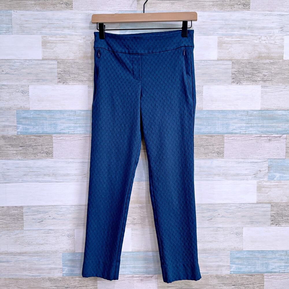 Magaret M Jacquard Slimming Pants Blue Pull On Mid Rise Zip Pockets Womens Small